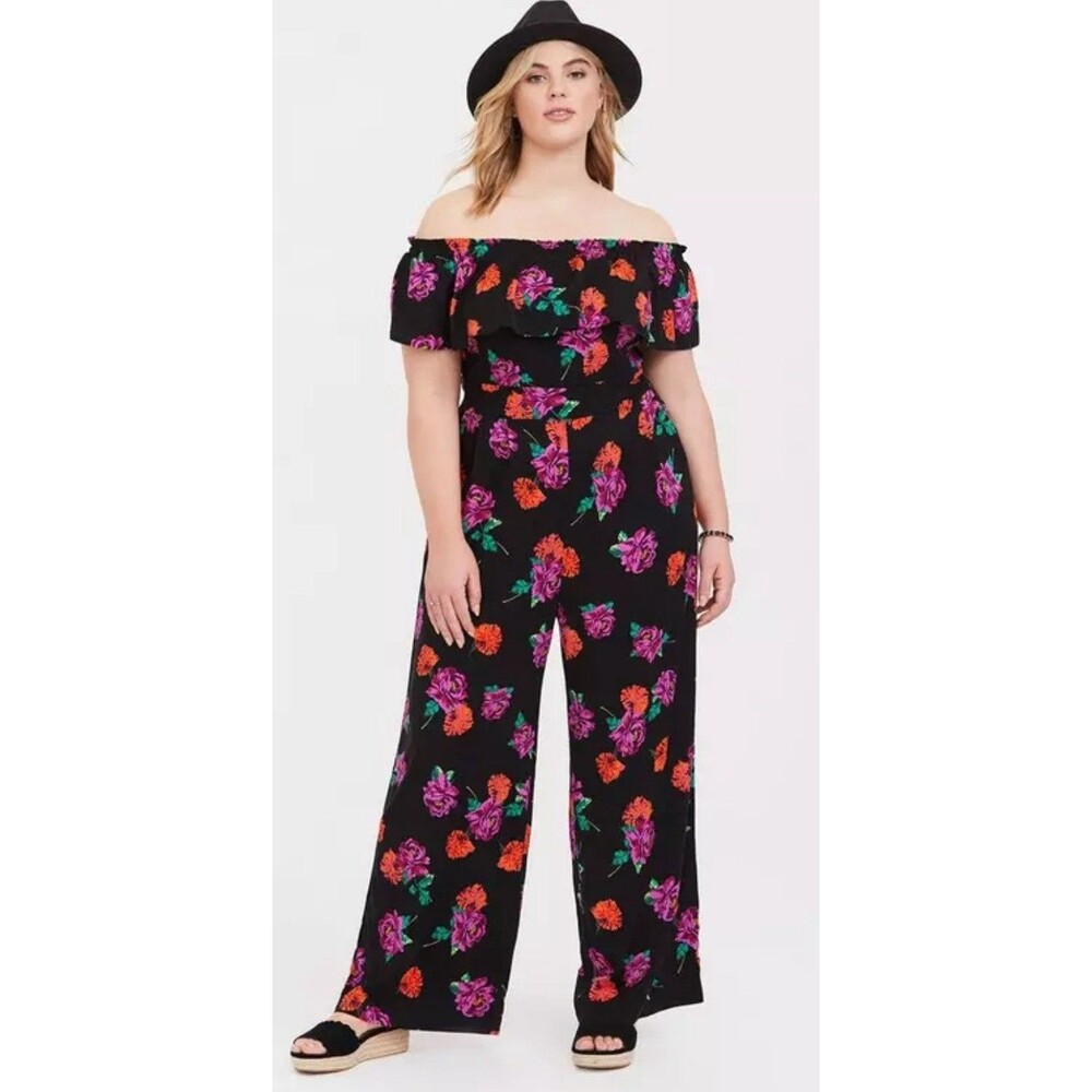 Torrid Black Floral Wide Leg Jumpsuit Challis‎ Wide Leg Jumpsuit Smocked Plus 3X